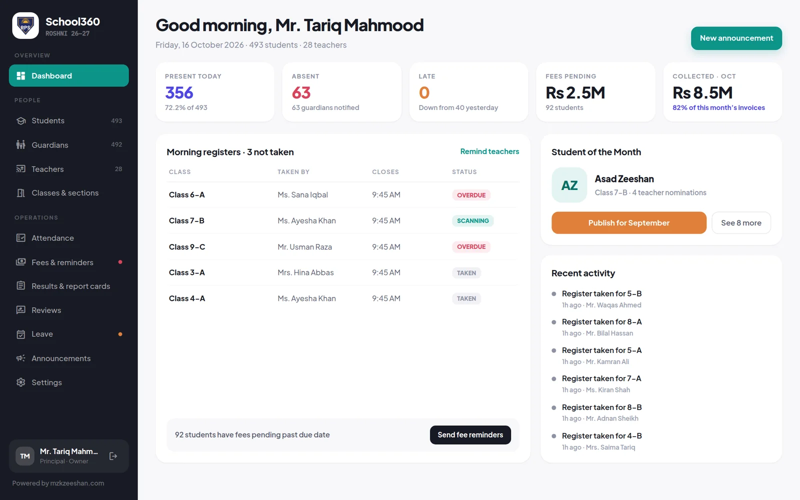 The School360 admin panel dashboard