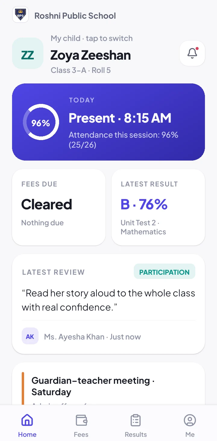 Guardian home: today's attendance, fees due, latest result