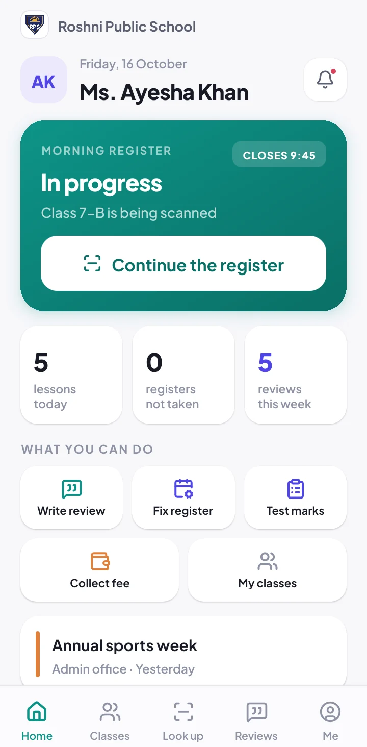 Teacher home screen